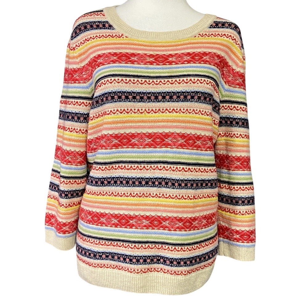 Talbots Sweater Womens L Multicolor Lambswool Fair Isle 3/4 Sleeve Knit Pullover